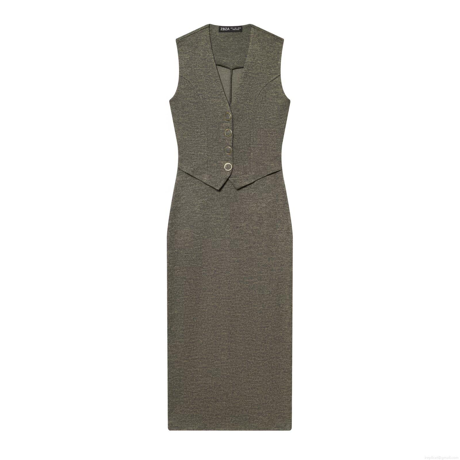 French Style V-Neck Knit Bodycon Midi Dress For Women Sleeveless Single Breasted Gold Button Textured Knit Vest Pencil Dress For Daily Party French Style V-Neck Knit Bodycon Midi Dress For Women Sleeveless Single Breasted Gold Button Textured Knit Vest Pencil Dress For Daily Party