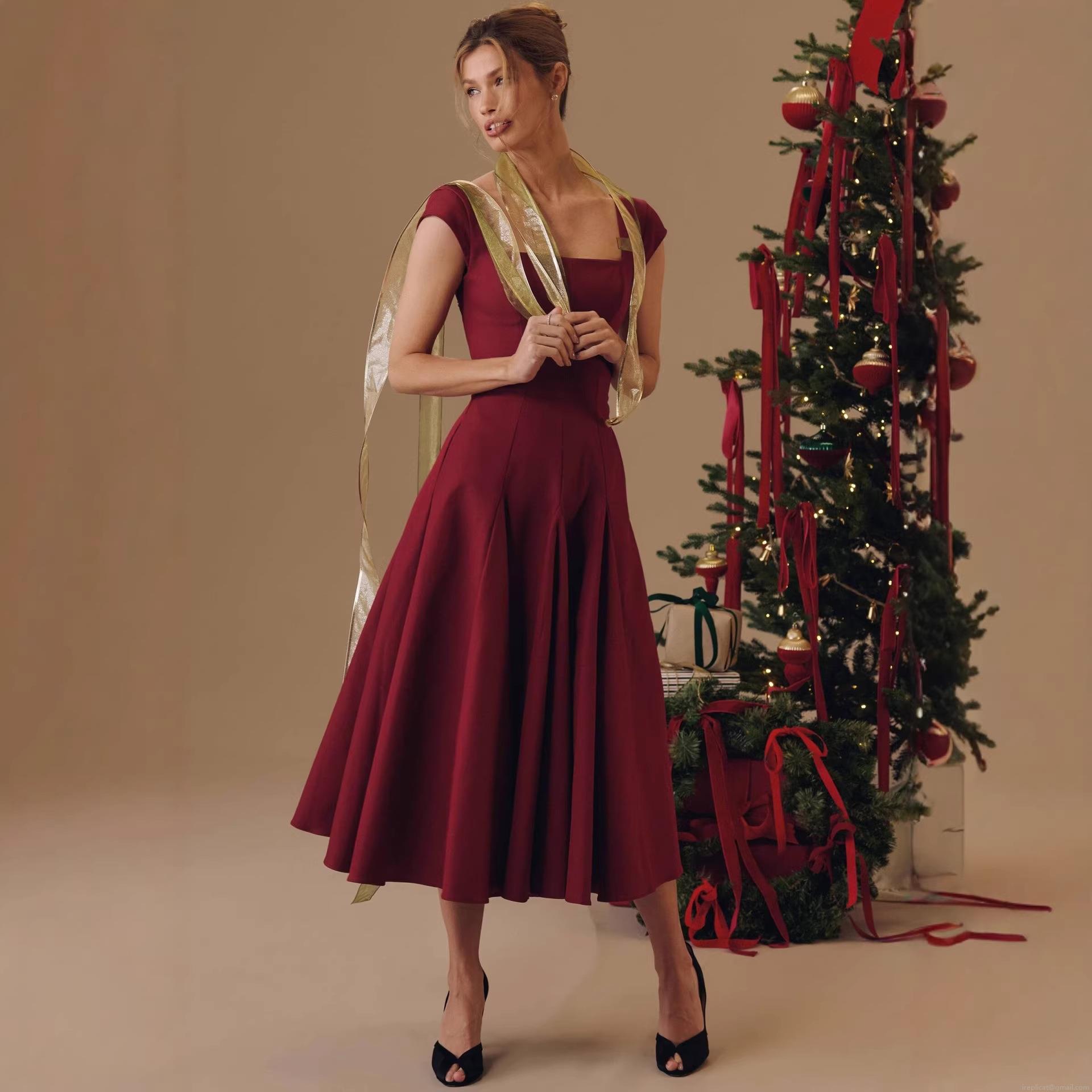 French Elegant Square Neck Back Lace-up Midi Dress For Women Sexy Open Back Solid Color Cotton Blend Banquet Party Christmas Evening Dress French Elegant Square Neck Back Lace-up Midi Dress For Women Sexy Open Back Solid Color Cotton Blend Banquet Party Christmas Evening Dress