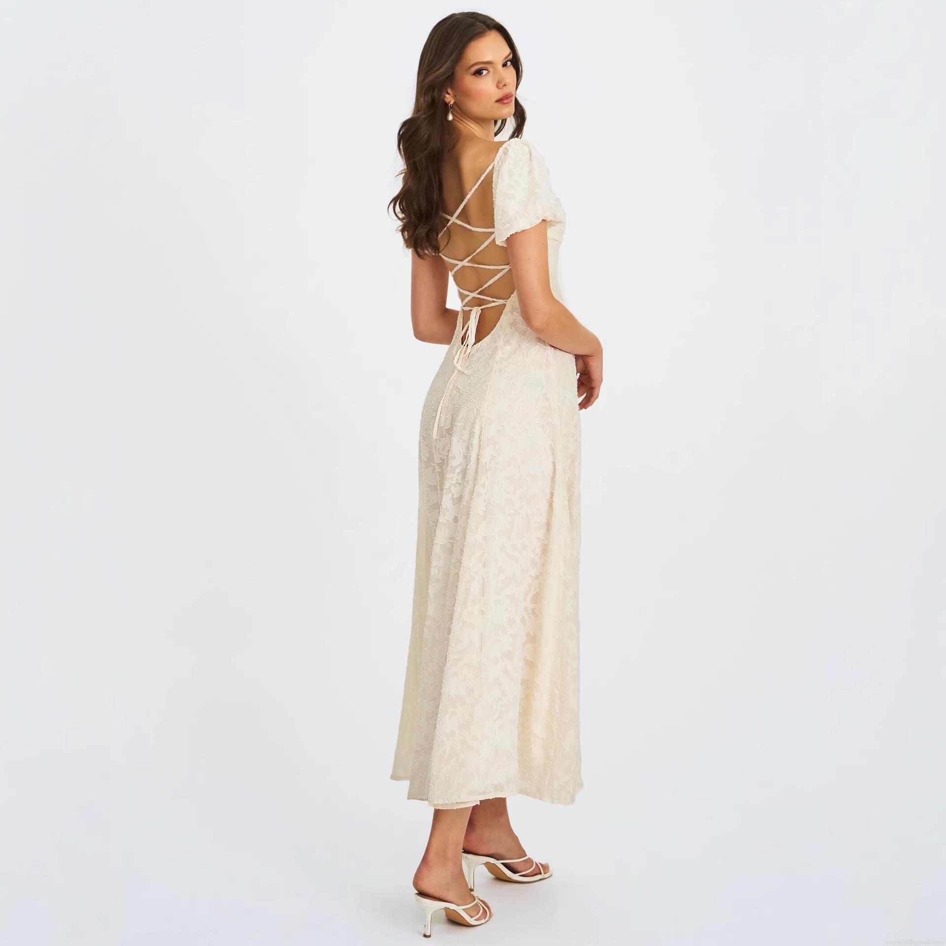 Elegant Milk White Burnout Floral Lace Midi Dress Backless Cross Straps Puff Sleeve A-Line Party Dress For Women Hepburn Style Evening Gown Elegant Milk White Burnout Floral Lace Midi Dress Backless Cross Straps Puff Sleeve A-Line Party Dress For Women Hepburn Style Evening Gown