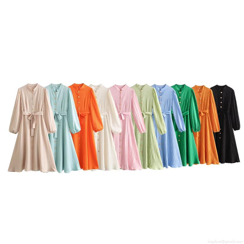 Elegant French Style Pleated Texture Midi Dress For Women Long Sleeve Stand Collar Button Down Shirt Dress With Belt Sweet Solid Color Autumn Fashion Outfits Elegant French Style Pleated Texture Midi Dress For Women Long Sleeve Stand Collar Button Down Shirt Dress With Belt Sweet Solid Color Autumn Fashion Outfits