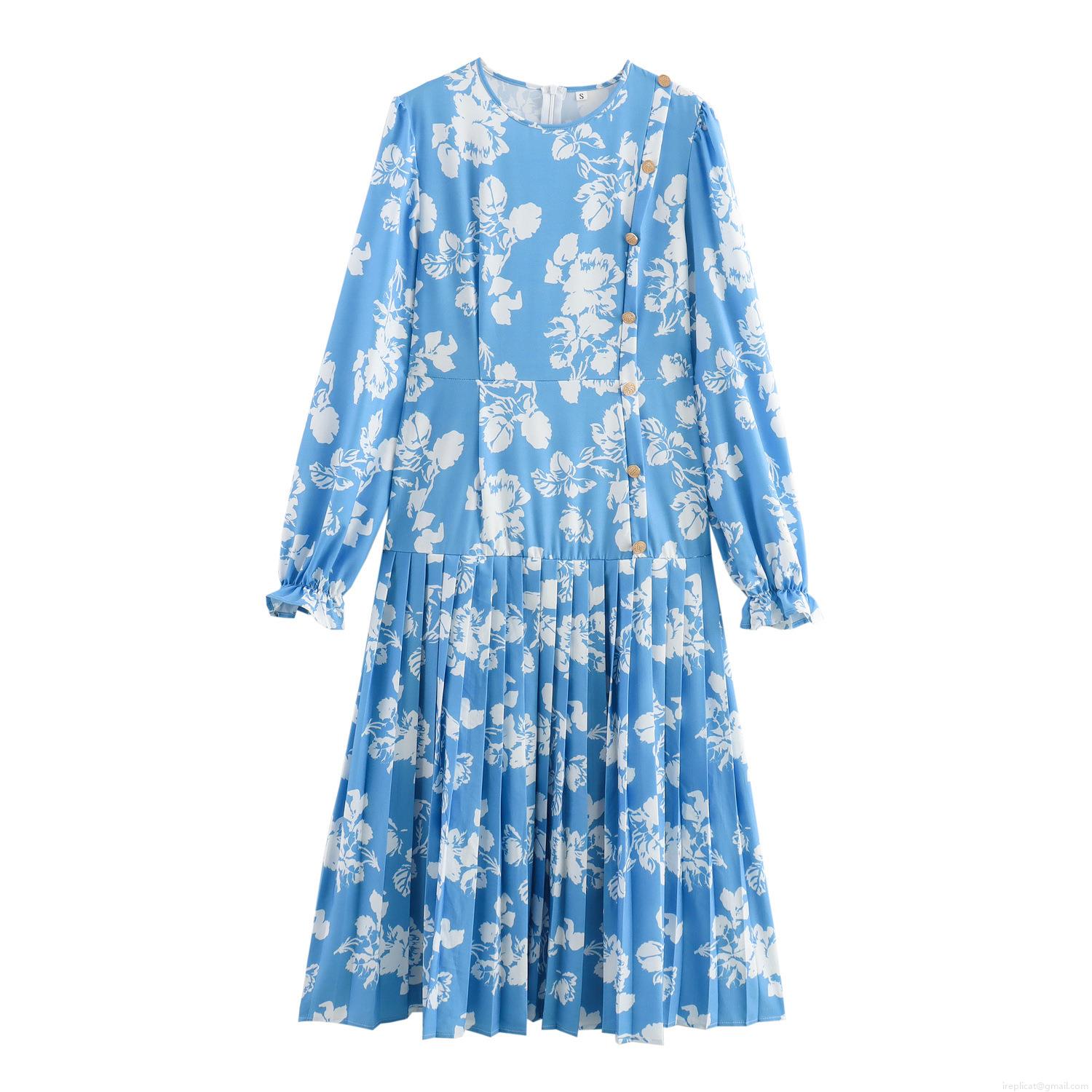 Elegant Women Light Blue Floral Pleated Long Dress Long Sleeve Round Neck Asymmetric Gold Buttons High Waist Autumn Midi Maxi Dress Elegant Women Light Blue Floral Pleated Long Dress Long Sleeve Round Neck Asymmetric Gold Buttons High Waist Autumn Midi Maxi Dress