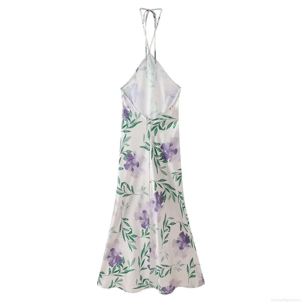 Women Retro Chinese Style Halterneck Backless Midi Dress Elegant Floral Print Satin Sleeveless High Waist A-Line Dress For Party Vacation Women Retro Chinese Style Halterneck Backless Midi Dress Elegant Floral Print Satin Sleeveless High Waist A-Line Dress For Party Vacation