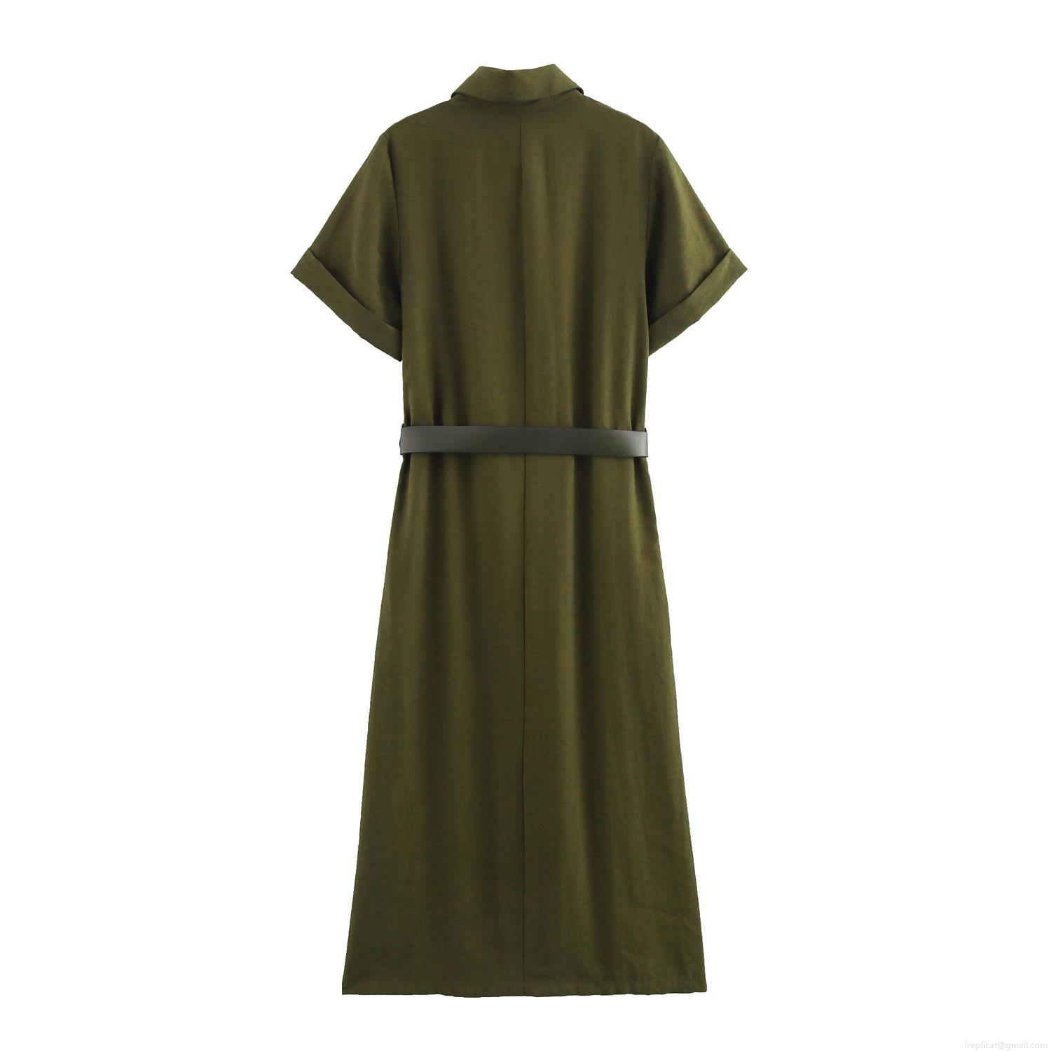 Women\'s Short Sleeve Shirt Dress With Belt Elegant Lapel Single Breasted Midi Cargo Dress Solid Color Polyester Commuter Style Ladies Summer Fashion Outfit