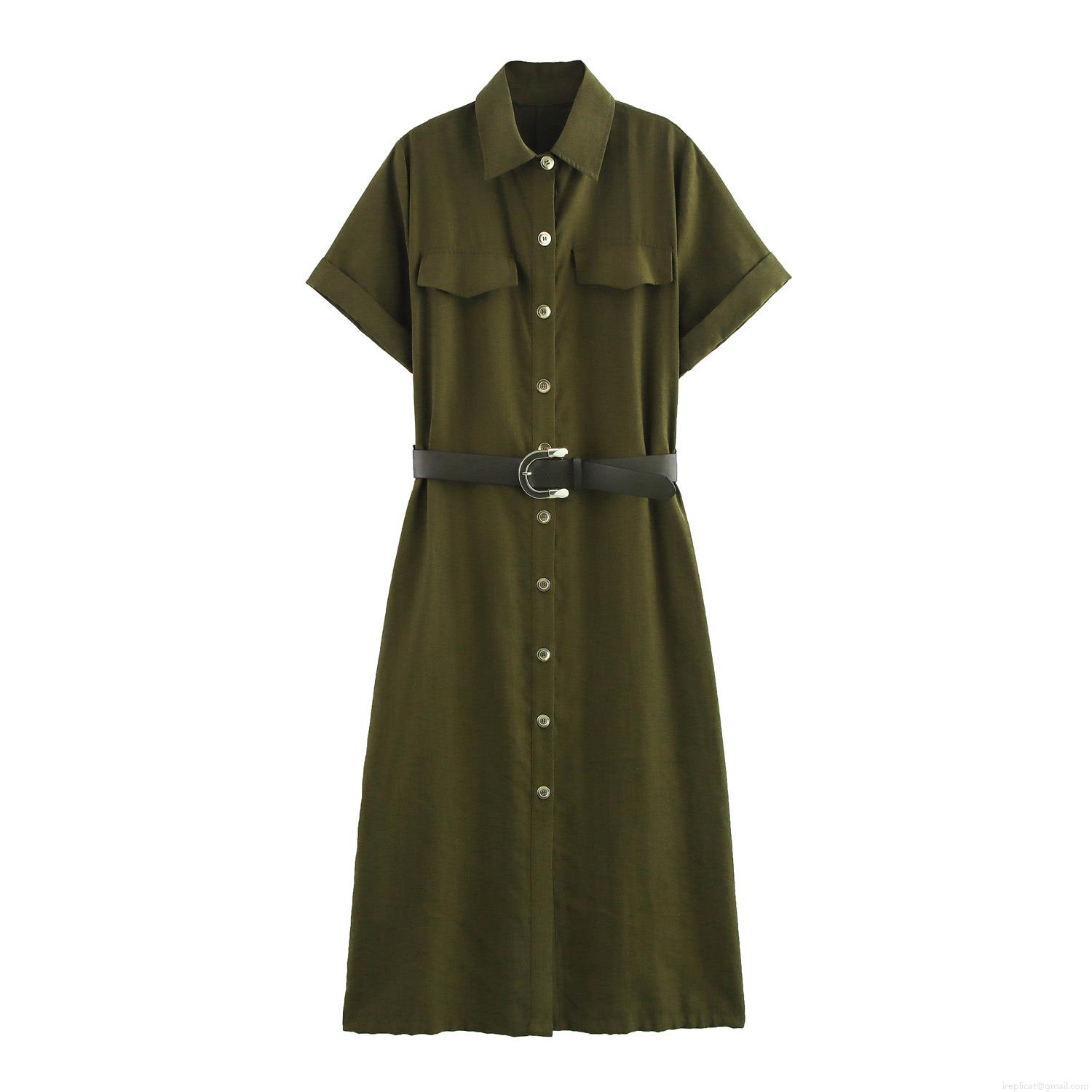 Women\'s Short Sleeve Shirt Dress With Belt Elegant Lapel Single Breasted Midi Cargo Dress Solid Color Polyester Commuter Style Ladies Summer Fashion Outfit