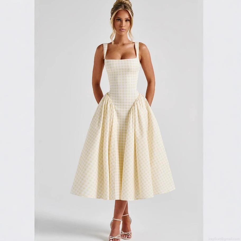 Women's Sweet Gingham Plaid Midi Dress Square Neck Sleeveless Backless Tie Up High Waist A-Line Puffy Long Dress For Summer Vacation Party Women's Sweet Gingham Plaid Midi Dress Square Neck Sleeveless Backless Tie Up High Waist A-Line Puffy Long Dress For Summer Vacation Party