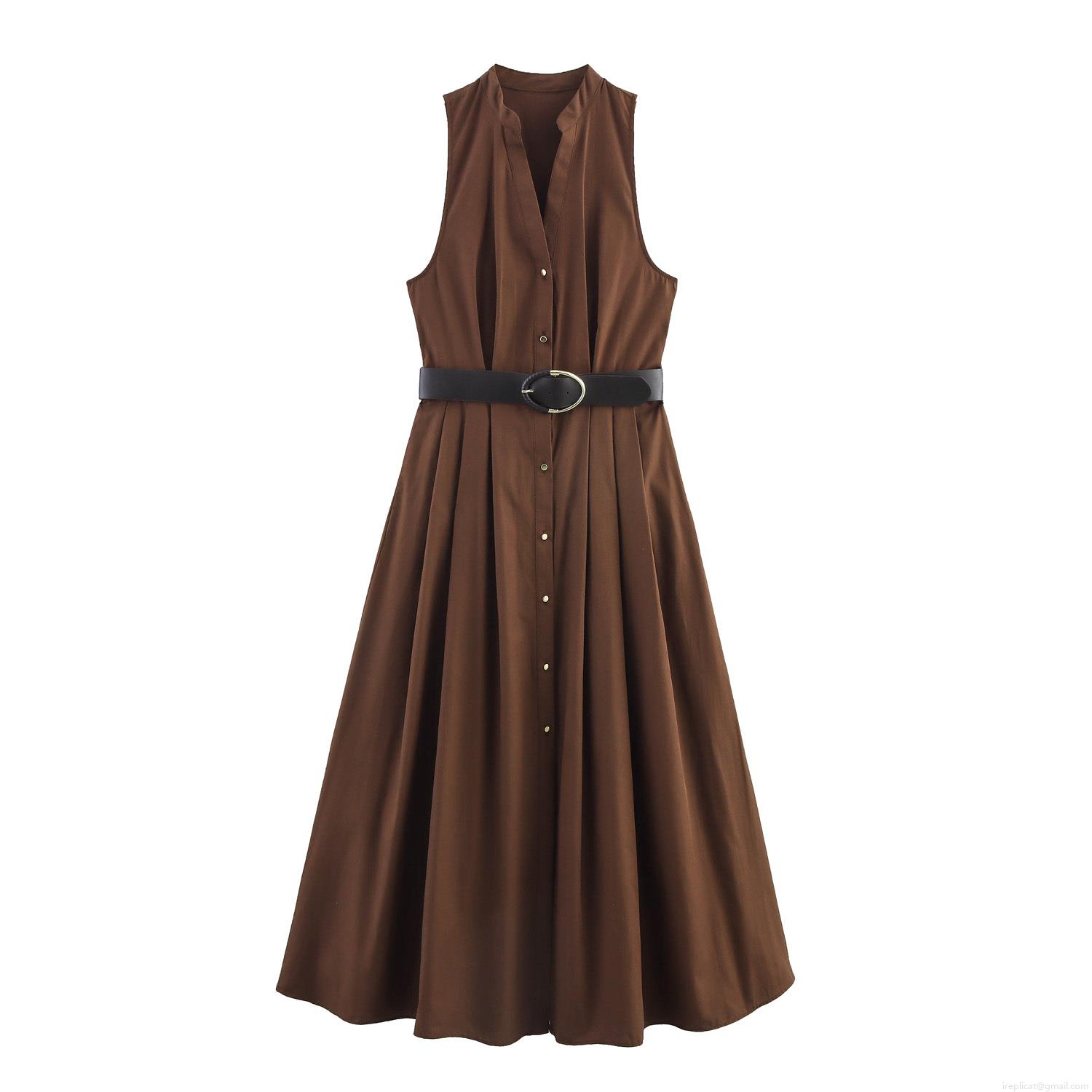 Elegant Women Sleeveless V-Neck Midi Dress With Belt Solid Dark Brown Single-Breasted Pleated A-Line Poplin Dress For Office Commute Summer Casual Lady Elegant Women Sleeveless V-Neck Midi Dress With Belt Solid Dark Brown Single-Breasted Pleated A-Line Poplin Dress For Office Commute Summer Casual Lady