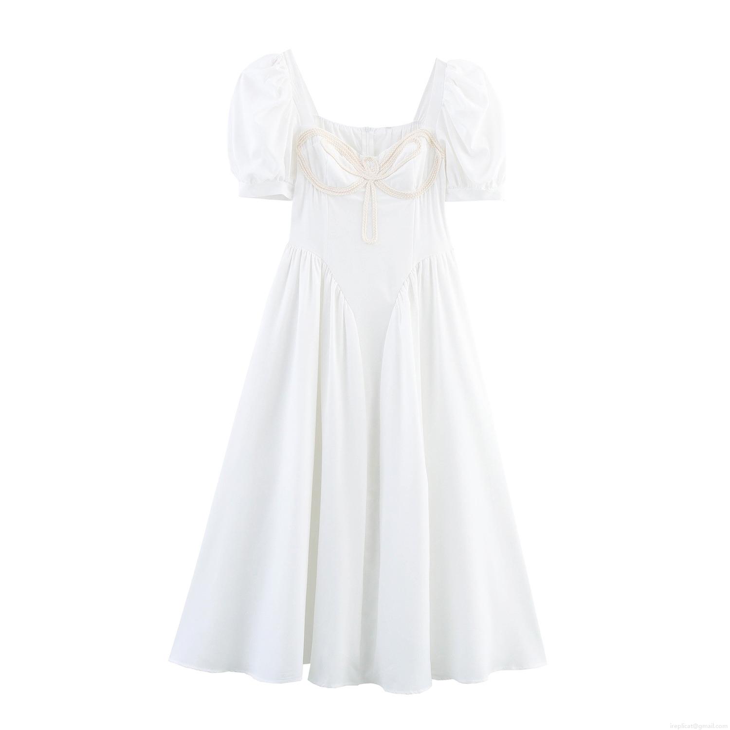 Women Elegant White Square Neck Puff Sleeve Maxi Dress French Vintage Braided Rope Detail A-Line Long Dress For Party Dating Ladies Fashion Dress