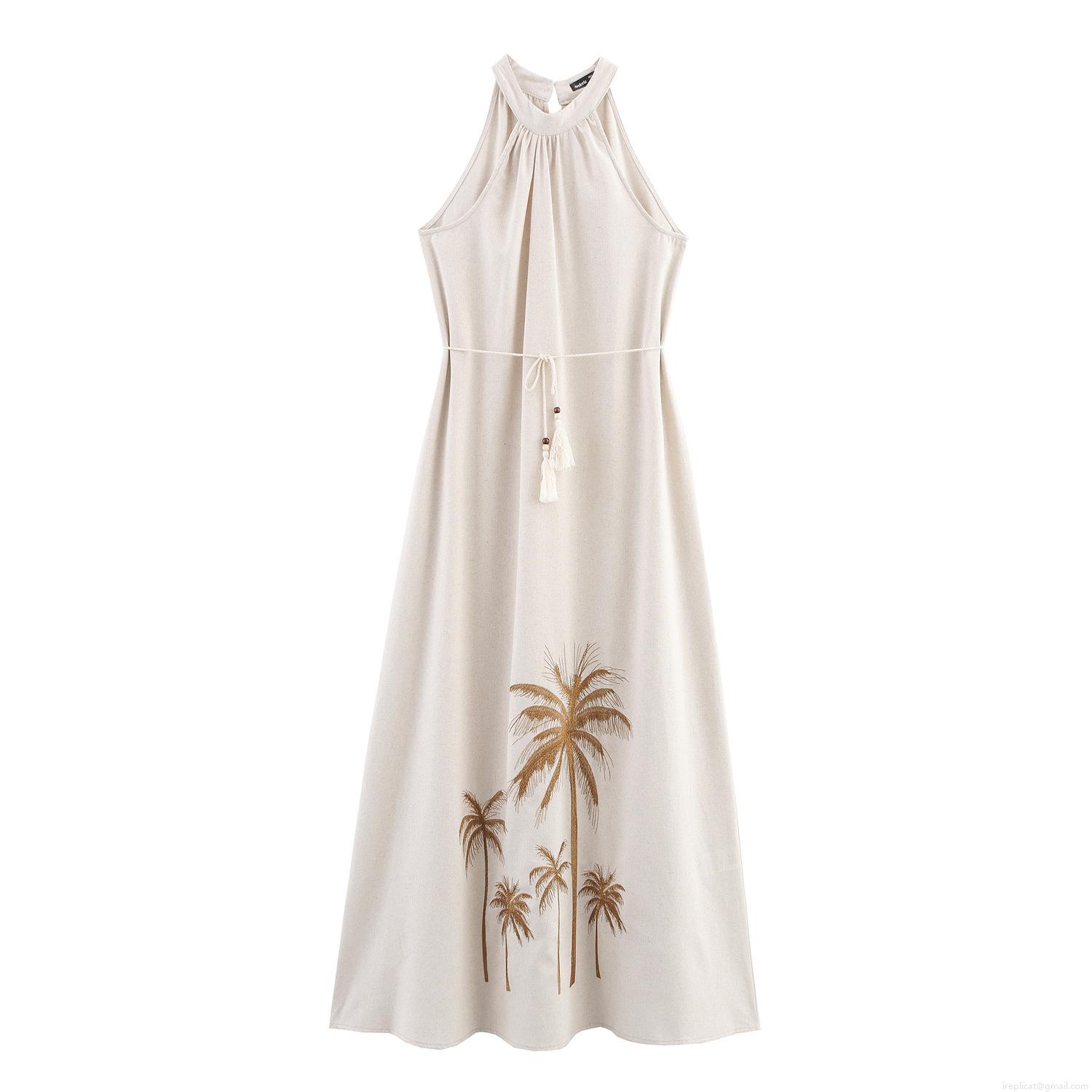 Women's Halter Neck Midi Dress Polyester With Coconut Tree Embroidery And Rope Belt Tassel Fringe Beach Vacation Summer Sundress For Women Beige Women's Halter Neck Midi Dress Polyester With Coconut Tree Embroidery And Rope Belt Tassel Fringe Beach Vacation Summer Sundress For Women Beige