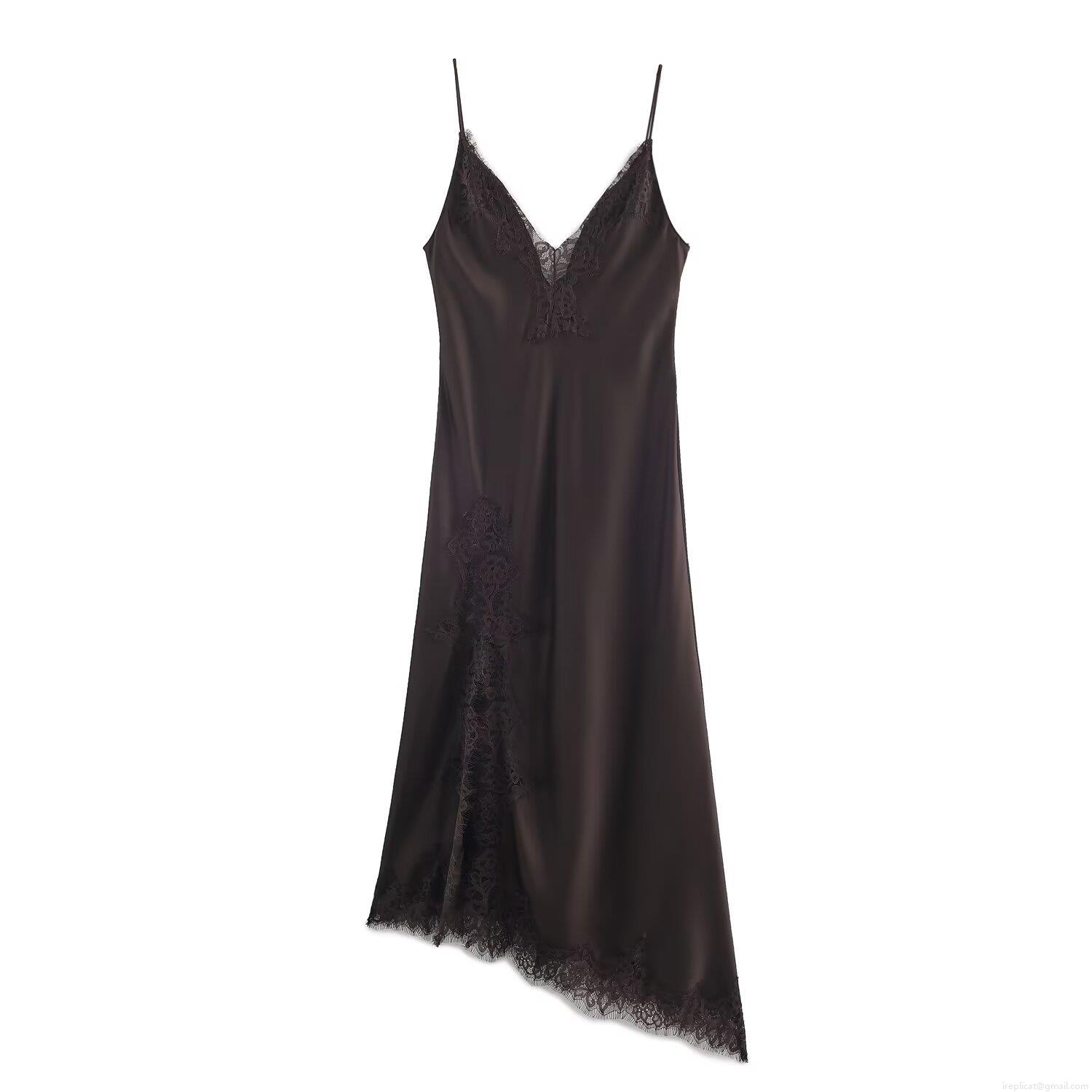 Sexy Satin Midi Slip Dress for Women with Lace Trim V Neck Spaghetti Strap Asymmetric Hem Slim Fit Evening Party Bodycon Clubwear