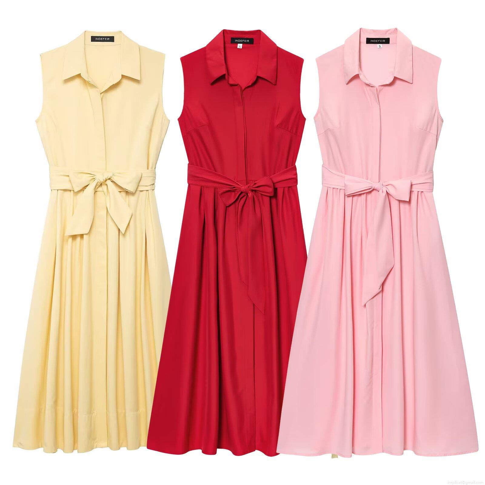 Women Solid Color Sleeveless Shirt Dress With Bow Waist Tie Elegant Lapel Midi A-Line Dress Polyester Casual Party Gown For Lady Women Solid Color Sleeveless Shirt Dress With Bow Waist Tie Elegant Lapel Midi A-Line Dress Polyester Casual Party Gown For Lady