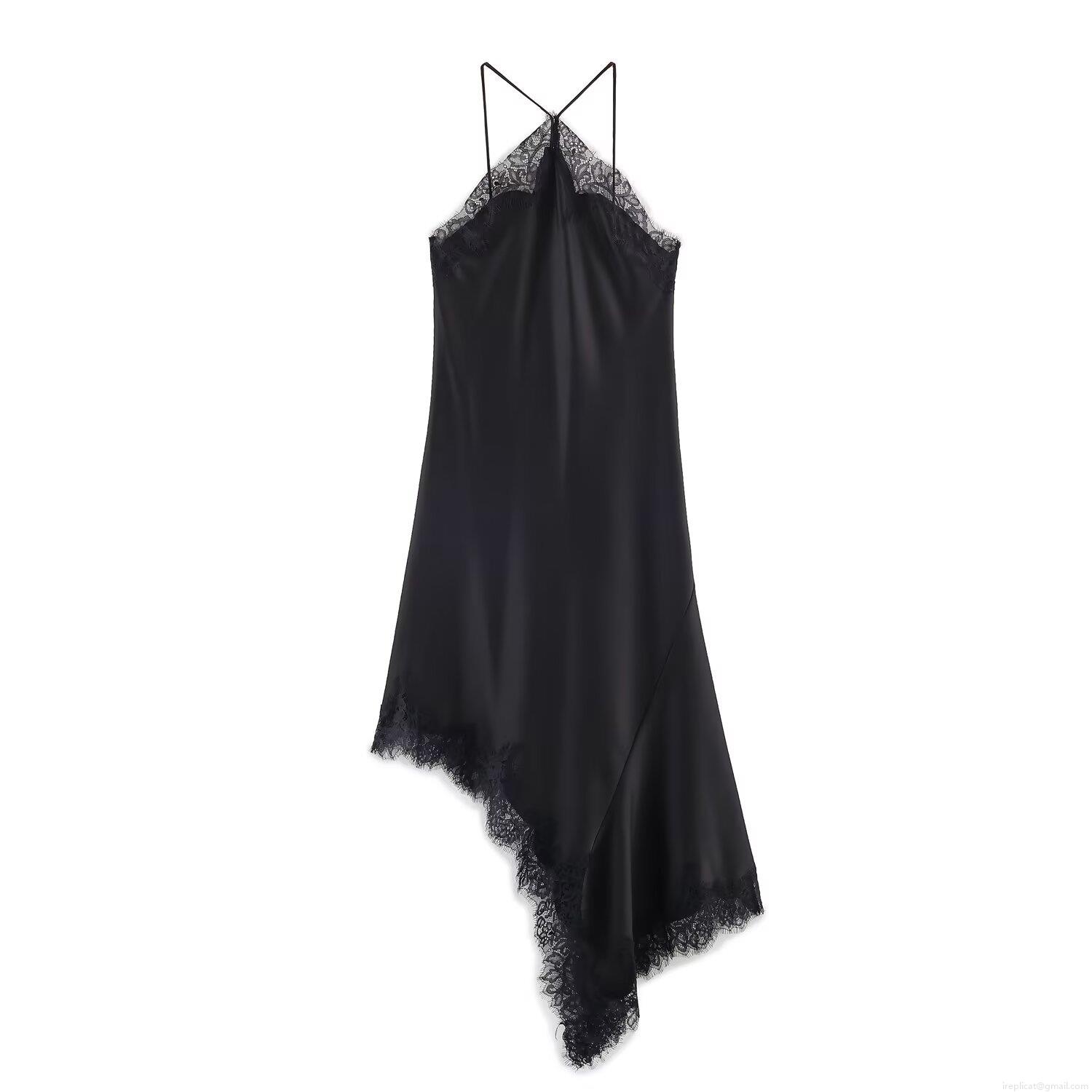 Women Black Satin Slip Dress Lace Patchwork V Neck Asymmetrical Hem Backless Midi Dress Sexy Streetwear Party Evening Cami Dress For Women Women Black Satin Slip Dress Lace Patchwork V Neck Asymmetrical Hem Backless Midi Dress Sexy Streetwear Party Evening Cami Dress For Women