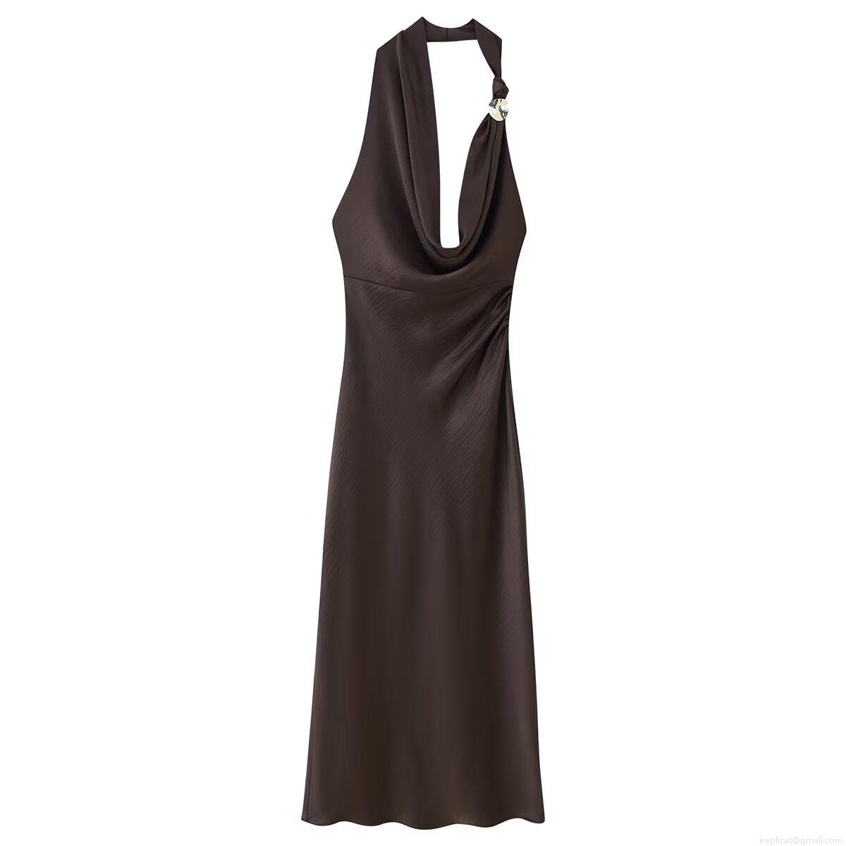 Sexy Cowl Neck Halter Satin Midi Dress Asymmetric Backless Ruched Bodycon Party Evening Coffee Brown Slip Dress with Metal Ring Decoration Sexy Cowl Neck Halter Satin Midi Dress Asymmetric Backless Ruched Bodycon Party Evening Coffee Brown Slip Dress with Metal Ring Decoration
