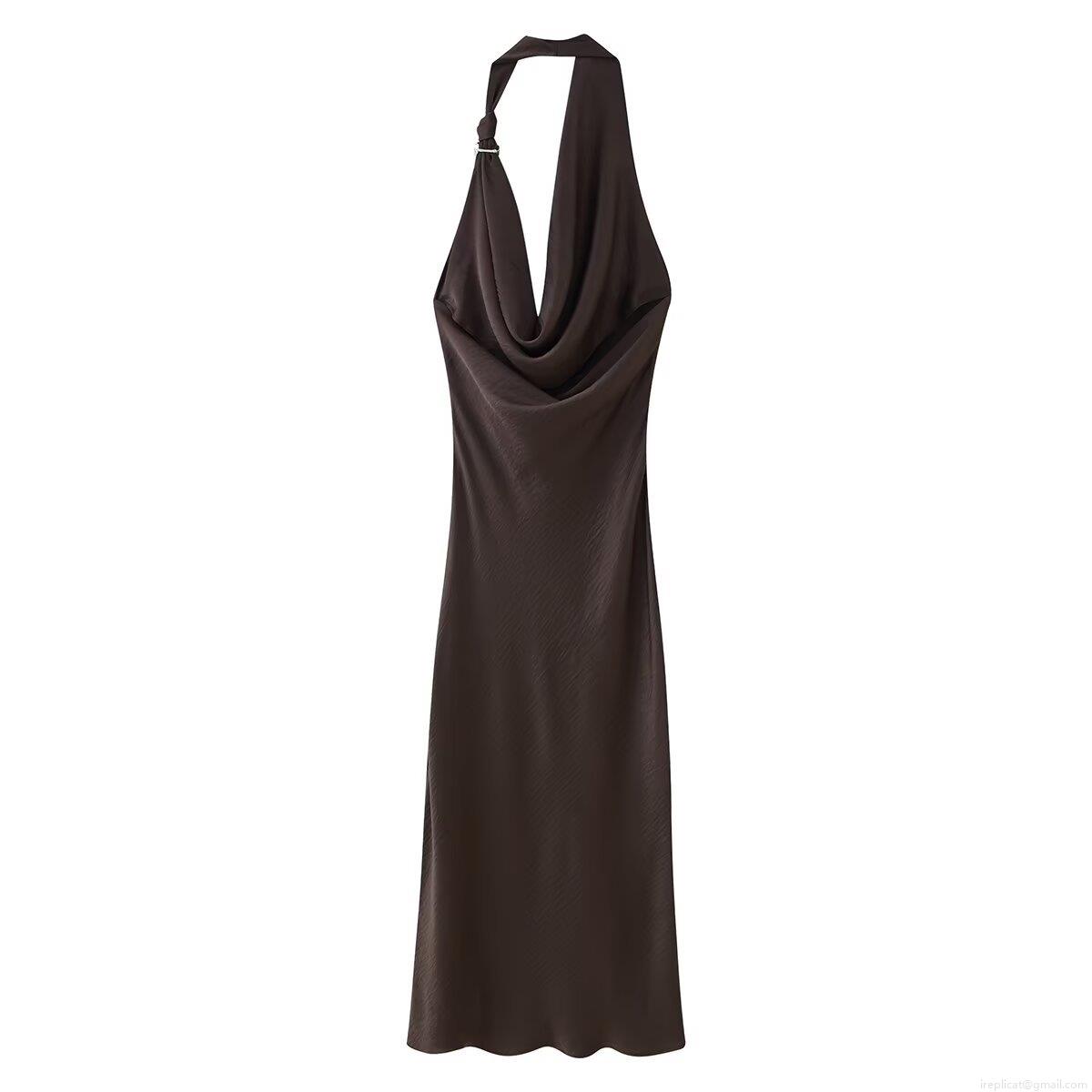 Sexy Cowl Neck Halter Satin Midi Dress Asymmetric Backless Ruched Bodycon Party Evening Coffee Brown Slip Dress with Metal Ring Decoration