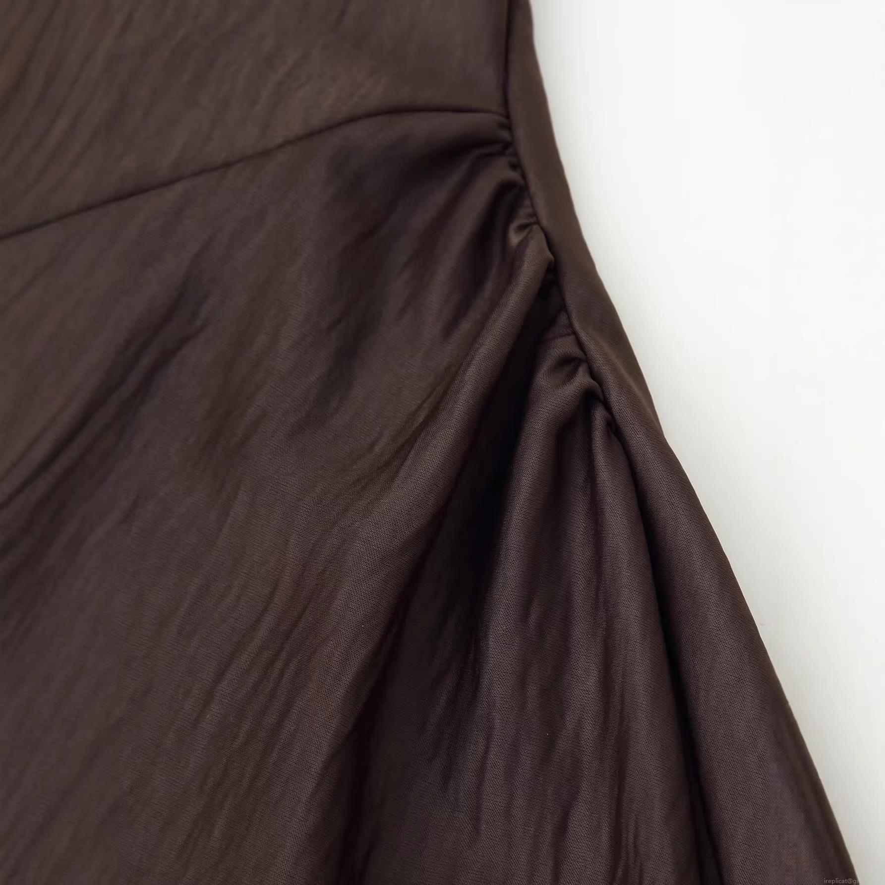 Sexy Cowl Neck Halter Satin Midi Dress Asymmetric Backless Ruched Bodycon Party Evening Coffee Brown Slip Dress with Metal Ring Decoration