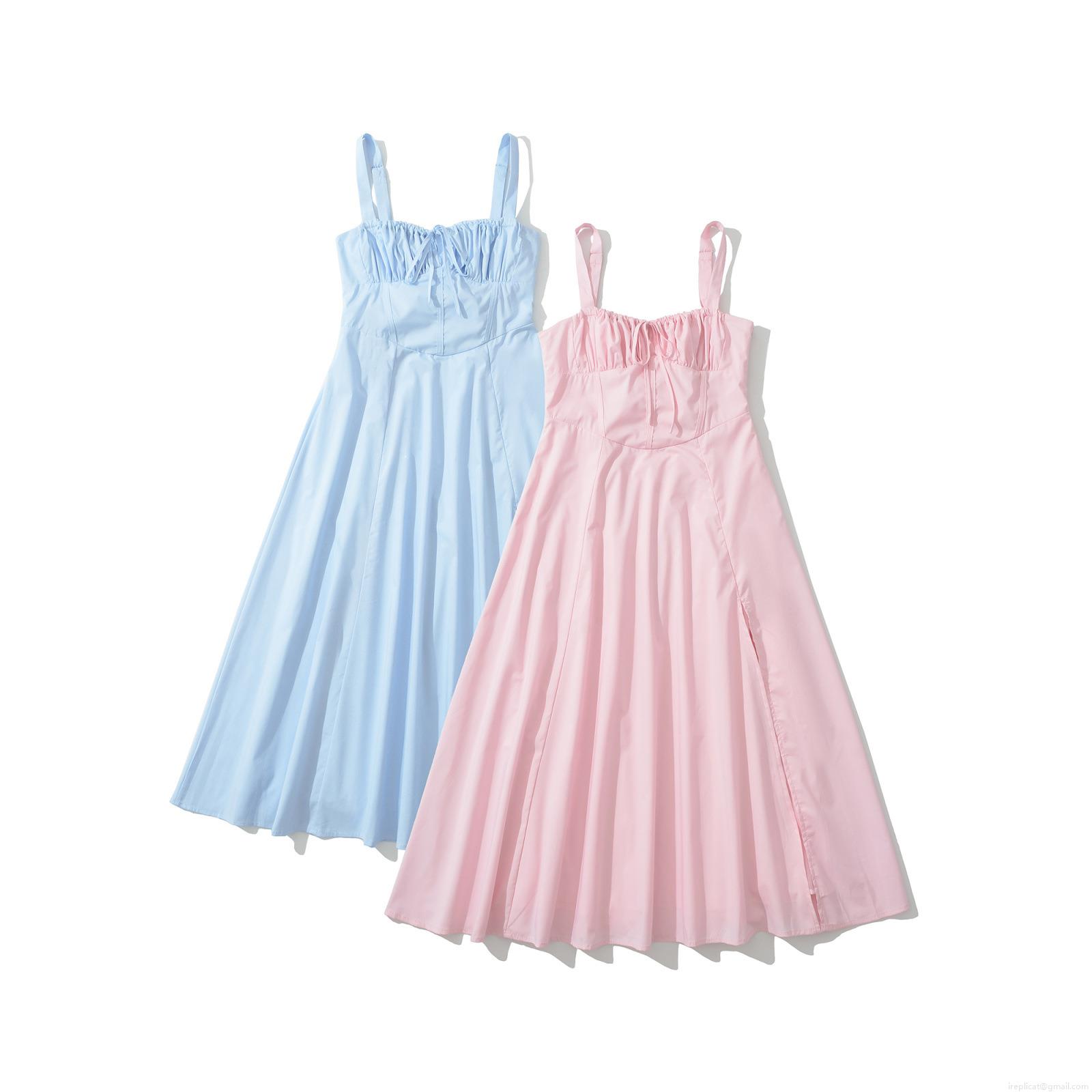 Women's Solid Color Spaghetti Strap Midi Dress Back Lace-up Ruched Bust A-Line Dress With Slit Polyester Cotton Chiffon Summer Casual Sundress For Women Women's Solid Color Spaghetti Strap Midi Dress Back Lace-up Ruched Bust A-Line Dress With Slit Polyester Cotton Chiffon Summer Casual Sundress For Women