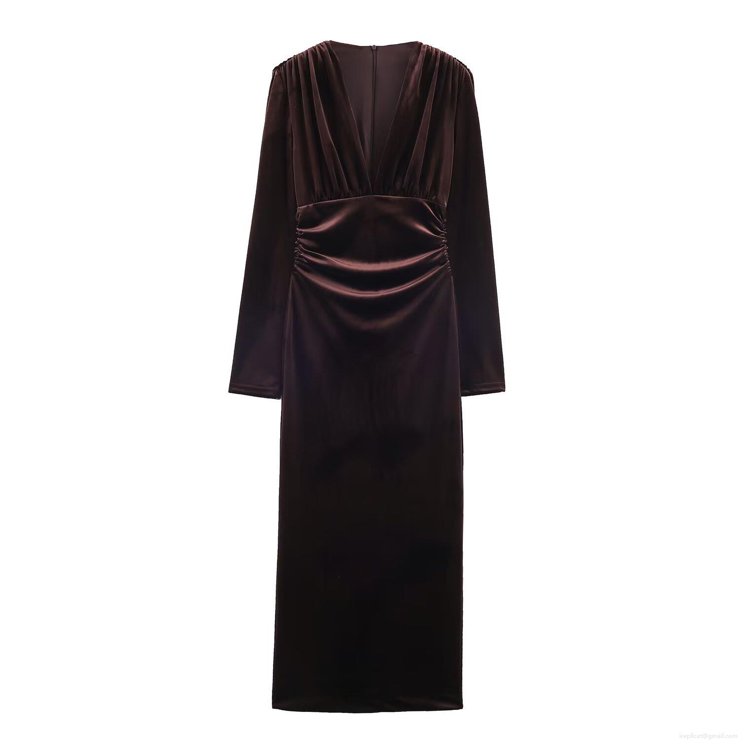 Women\'s V-Neck Long Sleeve Velvet Ruched Midi Dress Elegant Slim Fit Evening Party Cocktail Dress Solid Color Polyester Dress For Women