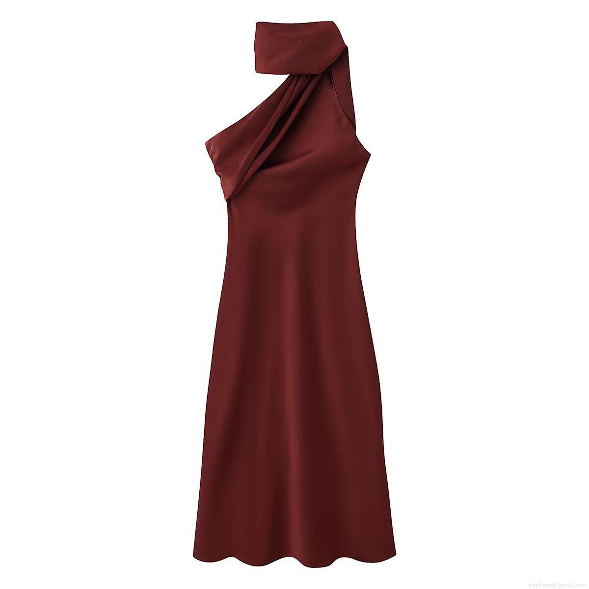 Elegant Halter Neck Backless Satin Midi Dress For Women Wine Red Sleeveless A-Line Cocktail Party Evening Gown Sexy Streetwear Elegant Halter Neck Backless Satin Midi Dress For Women Wine Red Sleeveless A-Line Cocktail Party Evening Gown Sexy Streetwear