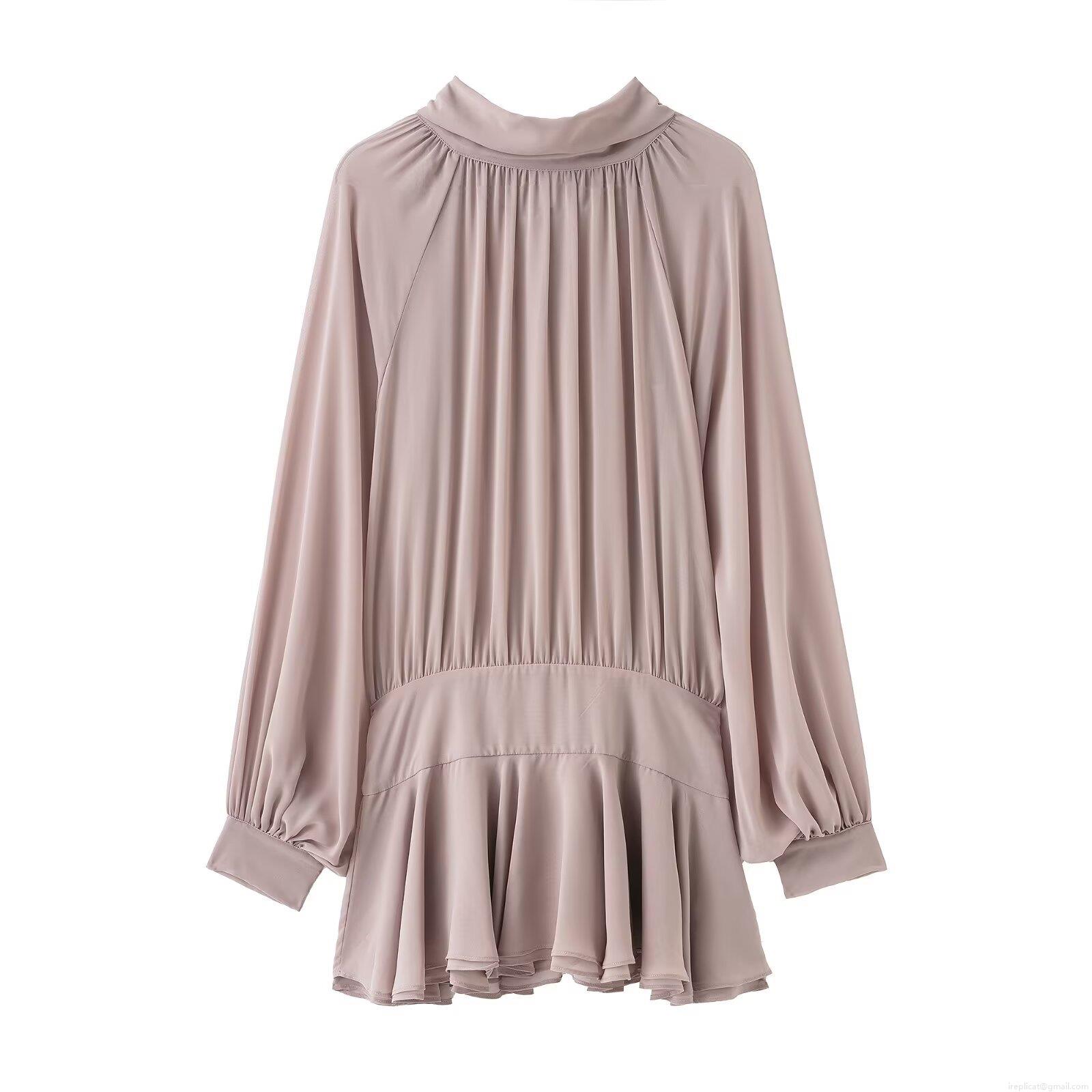 Elegant Women's Long Sleeve Round Neck Chiffon Dress With Bow Tie Waist Ruffle Hem Vintage European Style Solid Lotus Pink Midi Dress Elegant Women's Long Sleeve Round Neck Chiffon Dress With Bow Tie Waist Ruffle Hem Vintage European Style Solid Lotus Pink Midi Dress