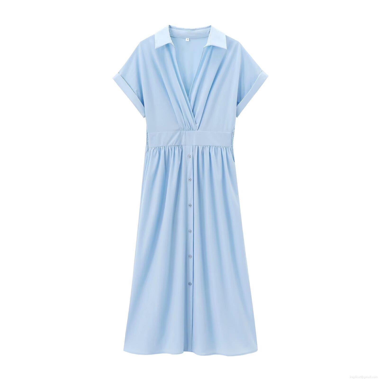 Western Style Solid Color V Neck Lapel Midi Dress For Women Elegant Short Sleeve High Waist Pleated A-Line Dress Office Lady Daily Wear Nylon Stretch Fabric Western Style Solid Color V Neck Lapel Midi Dress For Women Elegant Short Sleeve High Waist Pleated A-Line Dress Office Lady Daily Wear Nylon Stretch Fabric