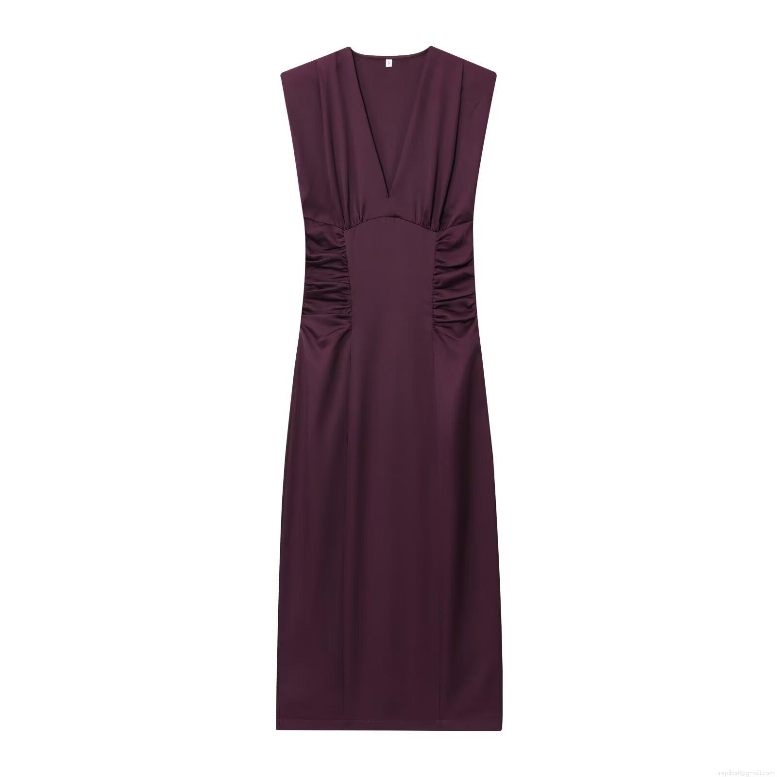 Women's Sexy V-Neck Sleeveless Midi Dress Elegant Deep Purple Ruched Waist Slim Fit Split Hem Polyester Gown For Party Clubwear Evening Women's Sexy V-Neck Sleeveless Midi Dress Elegant Deep Purple Ruched Waist Slim Fit Split Hem Polyester Gown For Party Clubwear Evening