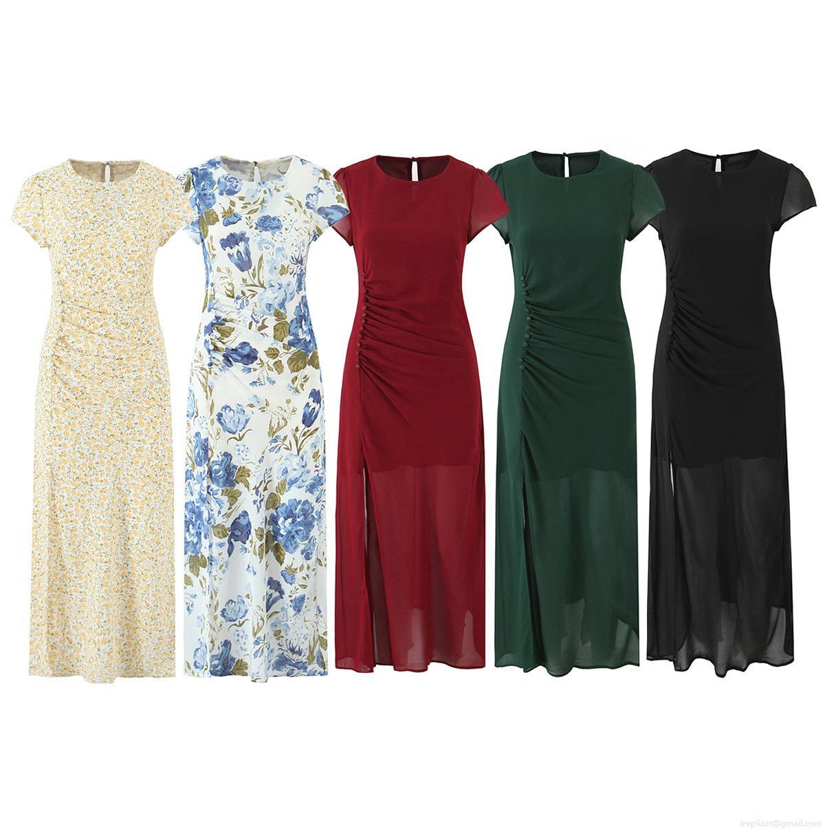 Women Elegant Round Neck Short Sleeve Midi Dress Pleated Waist Side Split With Button Decoration Floral Solid Pattern Chiffon Style Polyester Summer Dress For Party Daily Wear Women Elegant Round Neck Short Sleeve Midi Dress Pleated Waist Side Split With Button Decoration Floral Solid Pattern Chiffon Style Polyester Summer Dress For Party Daily Wear