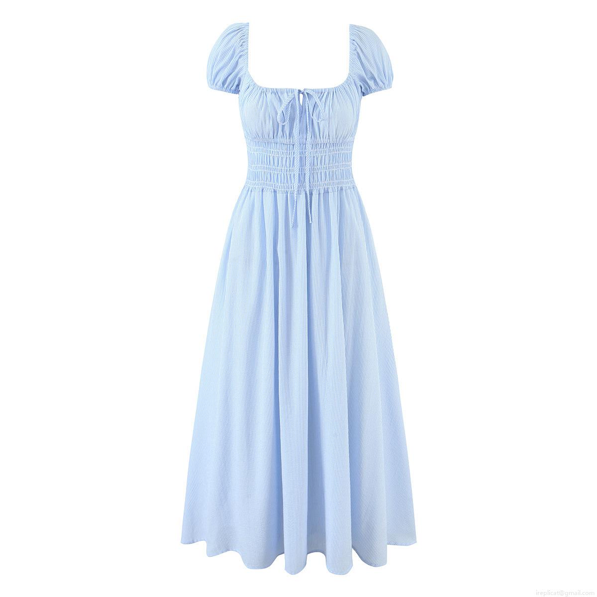Women\'s Stripe Square Neck Puff Sleeve Dress Casual Lace-up Smocked Waist A-line Midi Dress Cotton Blend Summer Fashion Streetwear Short Sleeve Dress For Women