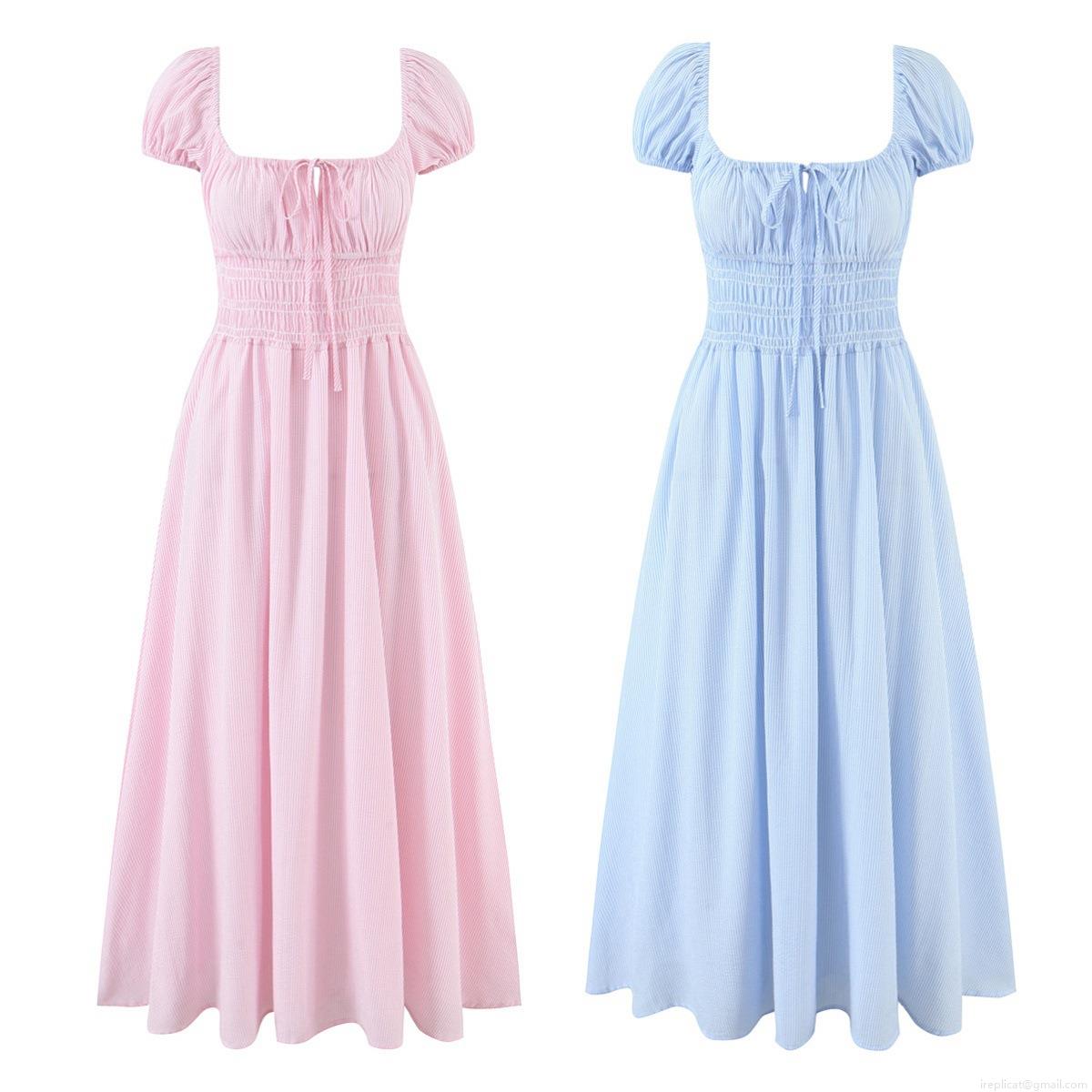 Women\'s Stripe Square Neck Puff Sleeve Dress Casual Lace-up Smocked Waist A-line Midi Dress Cotton Blend Summer Fashion Streetwear Short Sleeve Dress For Women