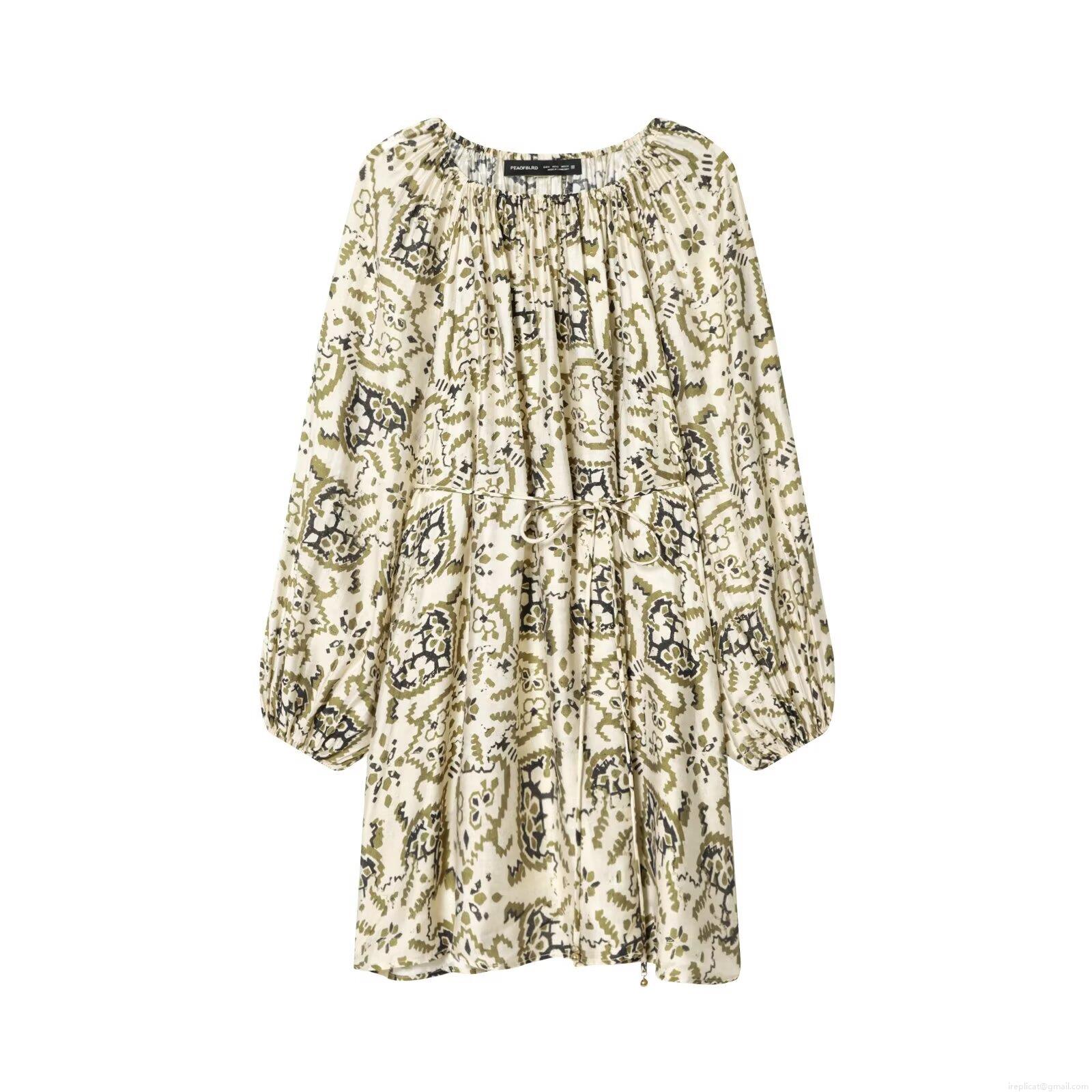 Women's Bohemian Abstract Print Midi Dress Long Lantern Sleeve Round Neck Pleated Loose Fit Waist Tie Casual Streetwear Vacation Dress