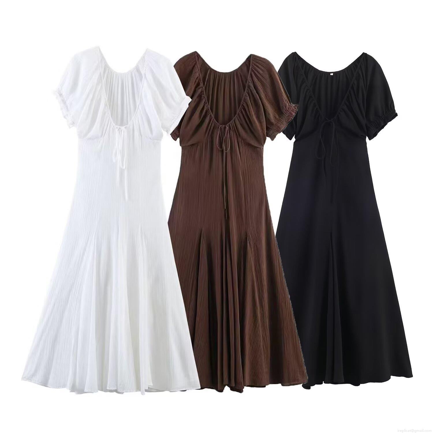 European Style Women's Pleated Midi Dress Puff Sleeve U-Neck Tie-Back Slim Fit Polyester Casual Streetwear Fashion Dress For Summer European Style Women's Pleated Midi Dress Puff Sleeve U-Neck Tie-Back Slim Fit Polyester Casual Streetwear Fashion Dress For Summer