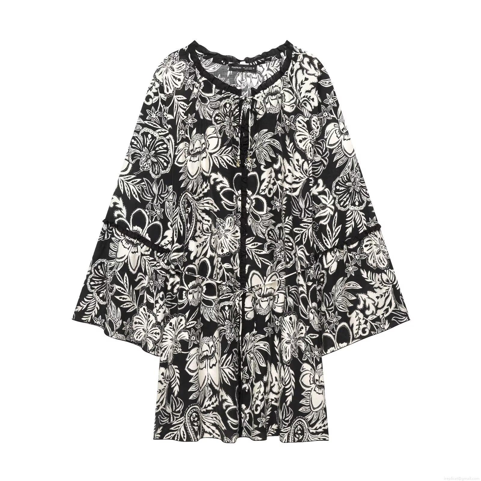 Women's Bohemian Floral Print Dress Bell Sleeve V-Neck Drawstring Loose Fit Cotton Blend Casual Midi Dress For Holiday Streetwear Women's Bohemian Floral Print Dress Bell Sleeve V-Neck Drawstring Loose Fit Cotton Blend Casual Midi Dress For Holiday Streetwear
