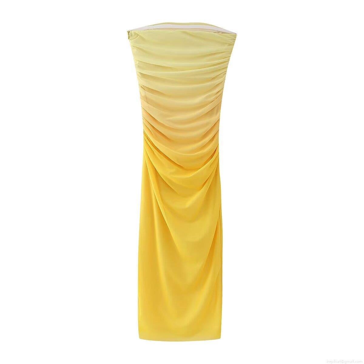 Women Sexy Ruched Ombre Tube Top Midi Dress Strapless Mesh Bodycon Gradient Party Dress Sleeveless Clubwear For Ladies