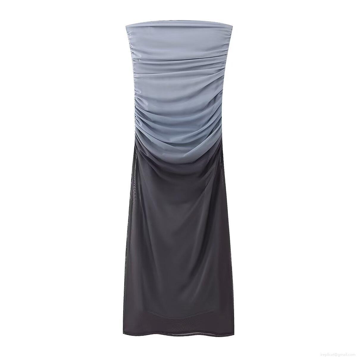 Women Sexy Ruched Ombre Tube Top Midi Dress Strapless Mesh Bodycon Gradient Party Dress Sleeveless Clubwear For Ladies