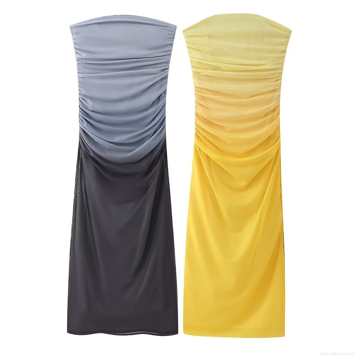 Women Sexy Ruched Ombre Tube Top Midi Dress Strapless Mesh Bodycon Gradient Party Dress Sleeveless Clubwear For Ladies