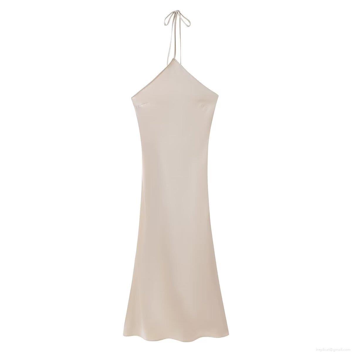 Women Halter Backless Satin Midi Dress Elegant Solid Color Sleeveless Silk Texture Bodycon Evening Party Club Wear Sexy Summer Dress