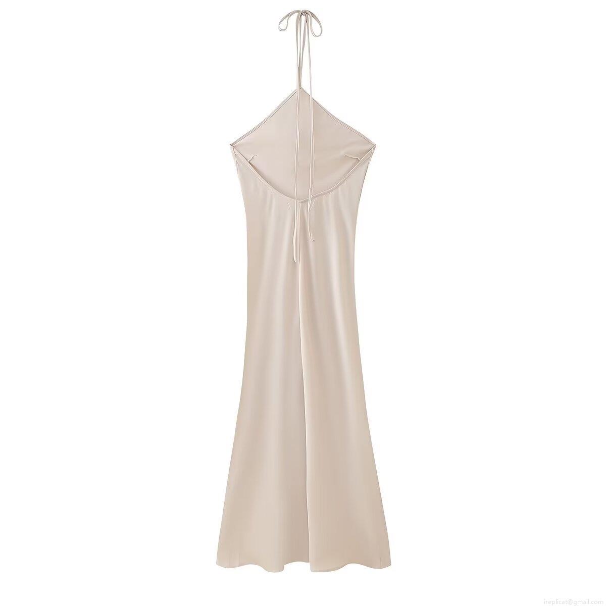 Women Halter Backless Satin Midi Dress Elegant Solid Color Sleeveless Silk Texture Bodycon Evening Party Club Wear Sexy Summer Dress
