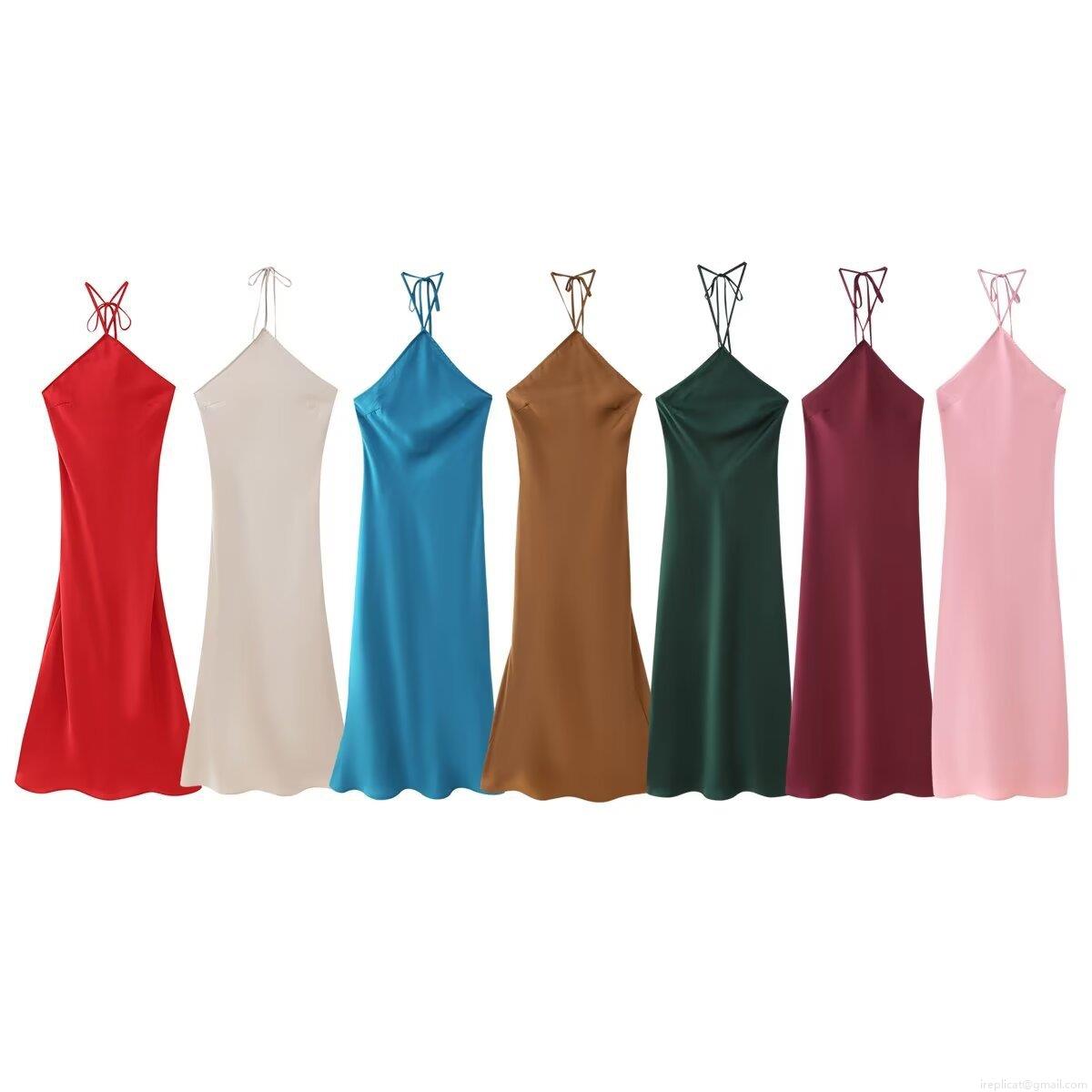 Women Halter Backless Satin Midi Dress Elegant Solid Color Sleeveless Silk Texture Bodycon Evening Party Club Wear Sexy Summer Dress
