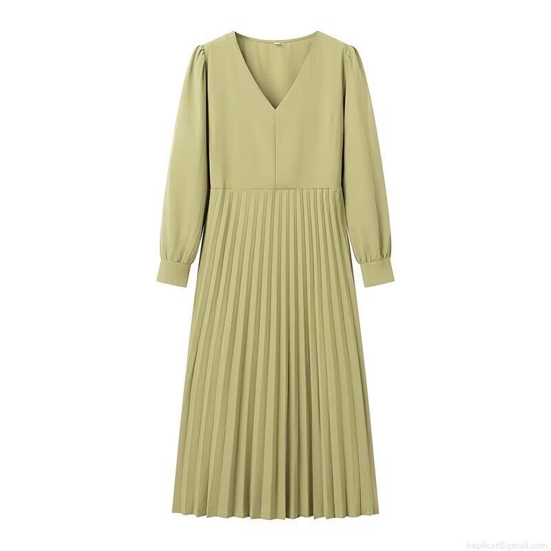 Women\'s Fashion V-Neck Pleated Midi Dress Summer Elegant High Waist Lace-up Long Sleeve Solid Color A-Line Dress For Streetwear Party Office