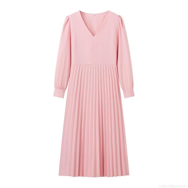 Women\'s Fashion V-Neck Pleated Midi Dress Summer Elegant High Waist Lace-up Long Sleeve Solid Color A-Line Dress For Streetwear Party Office