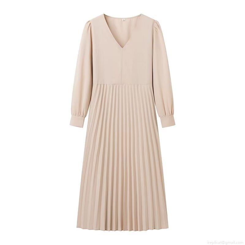Women\'s Fashion V-Neck Pleated Midi Dress Summer Elegant High Waist Lace-up Long Sleeve Solid Color A-Line Dress For Streetwear Party Office