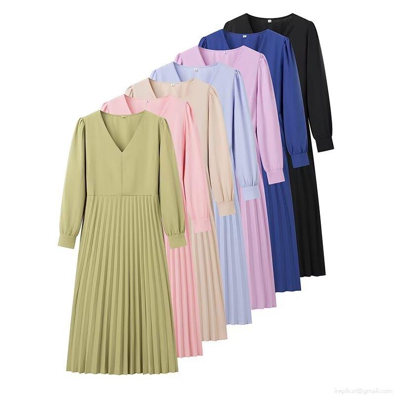 Women\'s Fashion V-Neck Pleated Midi Dress Summer Elegant High Waist Lace-up Long Sleeve Solid Color A-Line Dress For Streetwear Party Office