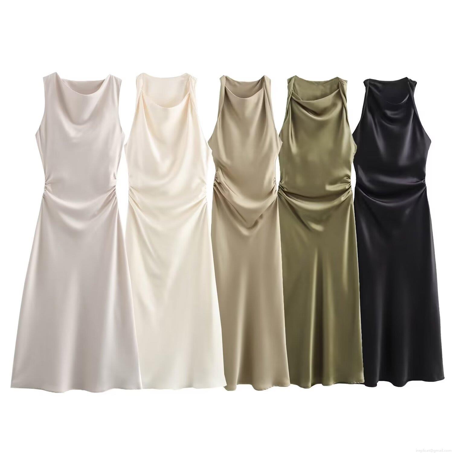 Women Elegant U-Neck Satin Midi Dress Sleeveless Ruched Waist Party Evening Gown Polyester Solid Color Sexy Backless Slip Dress For Cocktail Club Women Elegant U-Neck Satin Midi Dress Sleeveless Ruched Waist Party Evening Gown Polyester Solid Color Sexy Backless Slip Dress For Cocktail Club