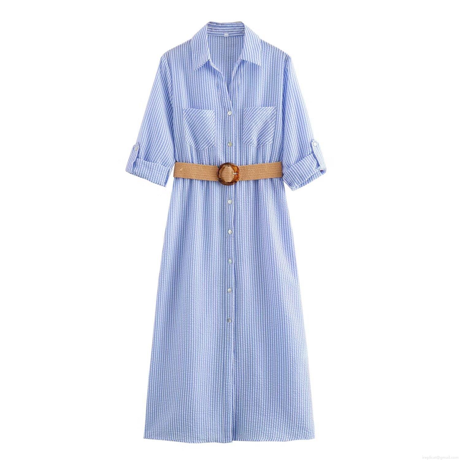 Women's Striped Seersucker Shirt Dress With Woven Belt And Chest Pockets Summer Casual Button Down Midi Dress For Vacation Streetwear Women's Striped Seersucker Shirt Dress With Woven Belt And Chest Pockets Summer Casual Button Down Midi Dress For Vacation Streetwear