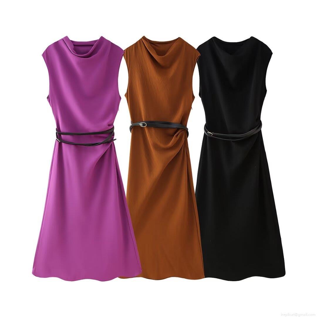 Women's Elegant Sleeveless Draped Neck Midi Dress With Belt Solid Color Satin Polyester A-Line Party Dress For Ladies Office Daily Wear Women's Elegant Sleeveless Draped Neck Midi Dress With Belt Solid Color Satin Polyester A-Line Party Dress For Ladies Office Daily Wear