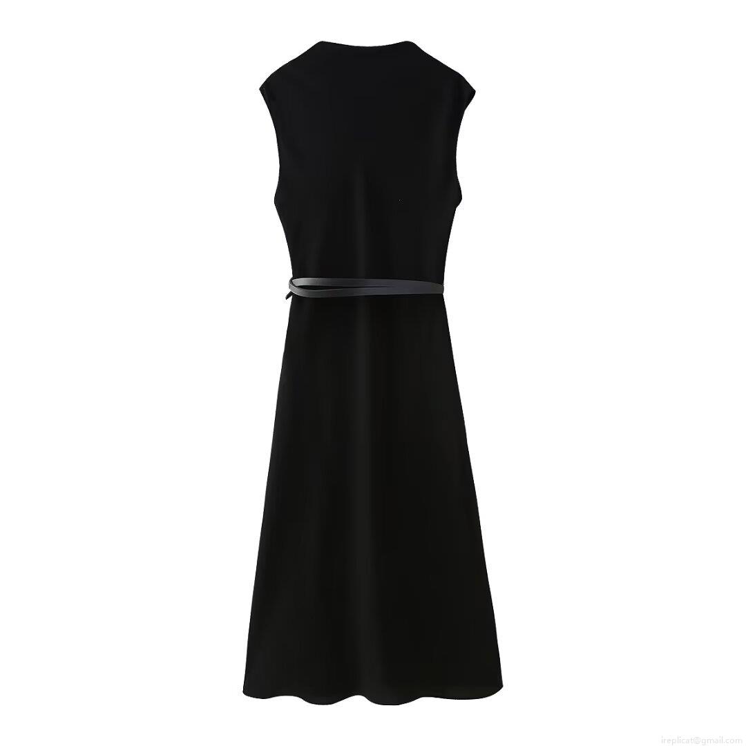 Women\'s Elegant Sleeveless Draped Neck Midi Dress With Belt Solid Color Satin Polyester A-Line Party Dress For Ladies Office Daily Wear
