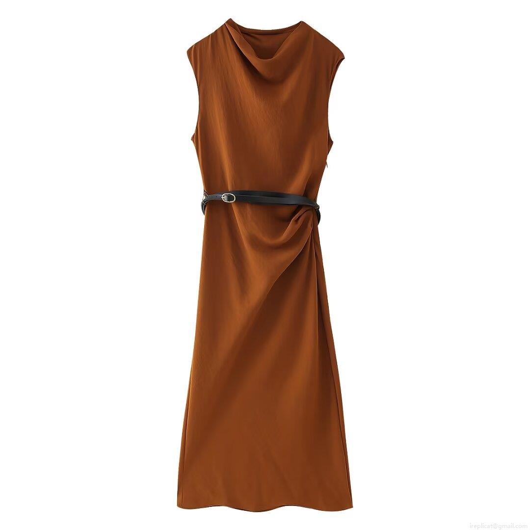 Women\'s Elegant Sleeveless Draped Neck Midi Dress With Belt Solid Color Satin Polyester A-Line Party Dress For Ladies Office Daily Wear