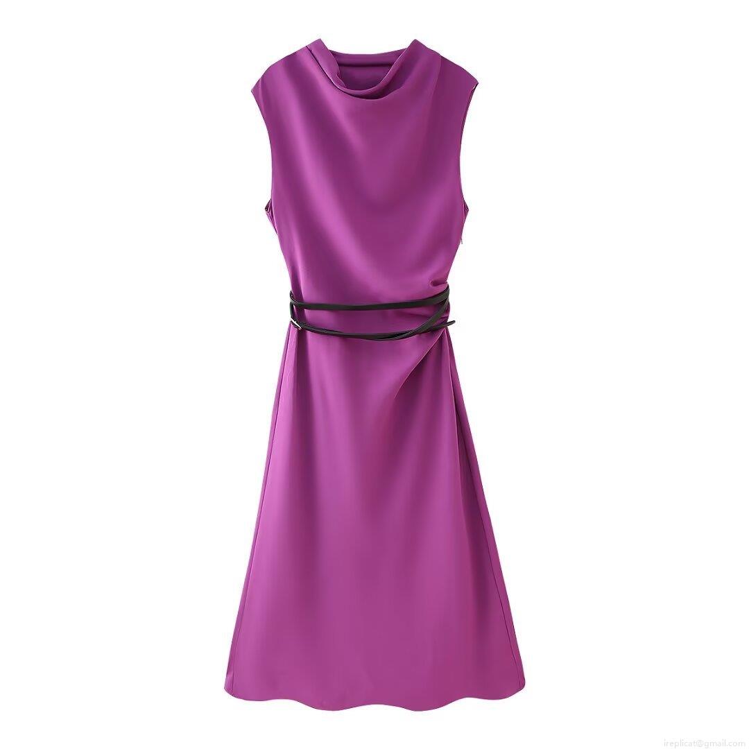 Women\'s Elegant Sleeveless Draped Neck Midi Dress With Belt Solid Color Satin Polyester A-Line Party Dress For Ladies Office Daily Wear