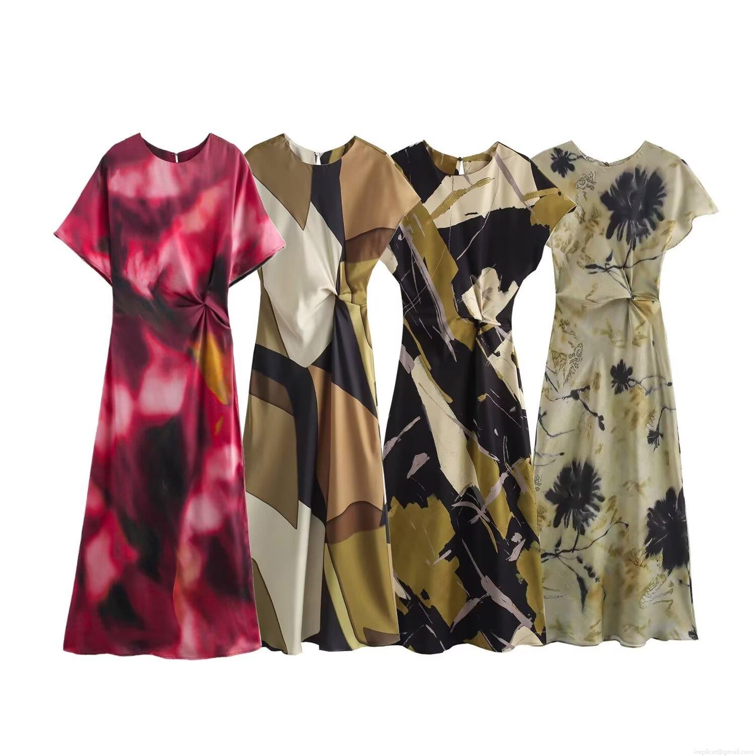 Women's Elegant Satin Midi Dress Abstract Floral Print Twist Waist Crew Neck Cap Sleeve Silky Party Dress For Women Summer Fashion Streetwear Women's Elegant Satin Midi Dress Abstract Floral Print Twist Waist Crew Neck Cap Sleeve Silky Party Dress For Women Summer Fashion Streetwear