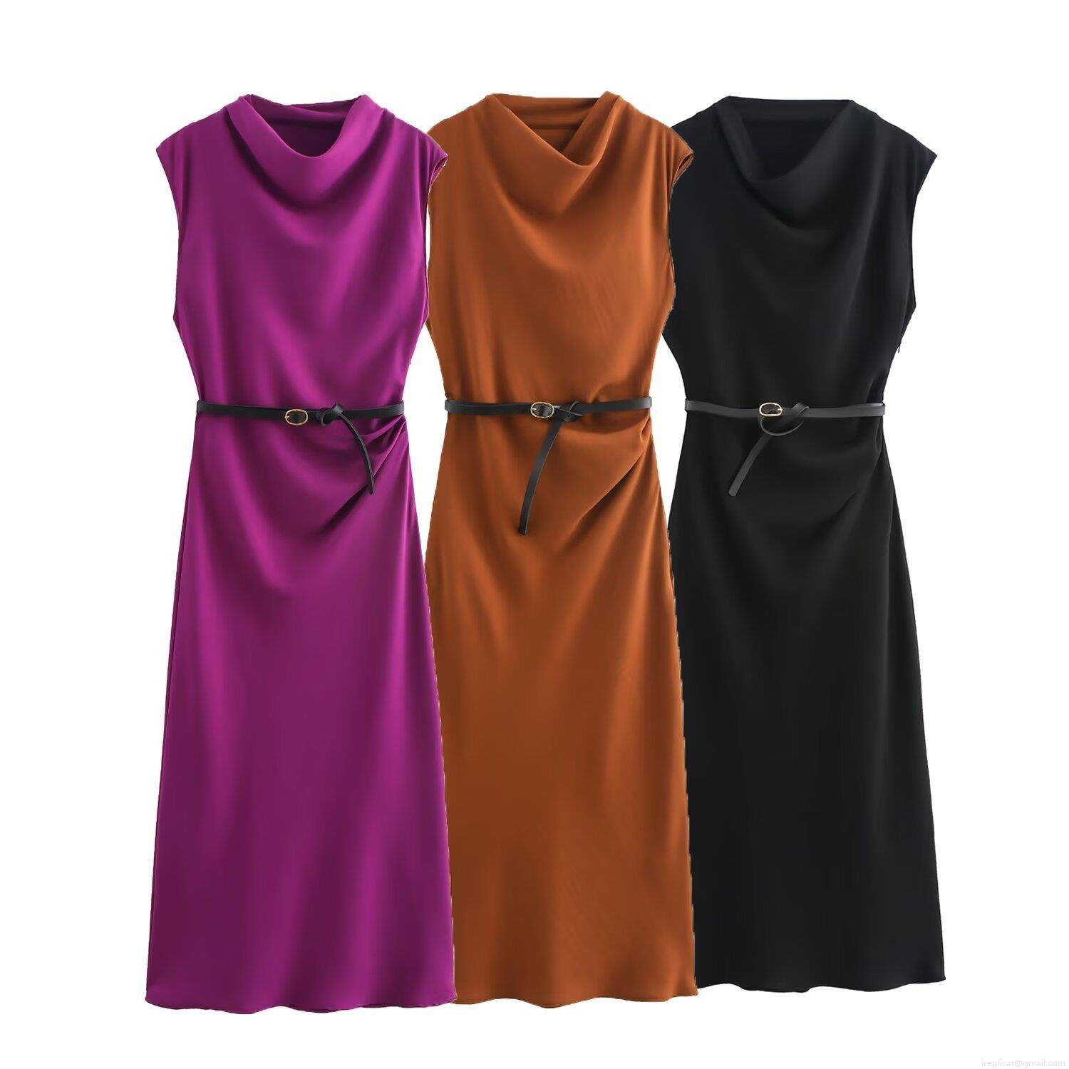 Women's Elegant Cowl Neck Sleeveless Midi Dress With Slim Belt Solid Color Polyester A-Line Pullover Dress For Party Dating Autumn Fashion Women's Elegant Cowl Neck Sleeveless Midi Dress With Slim Belt Solid Color Polyester A-Line Pullover Dress For Party Dating Autumn Fashion