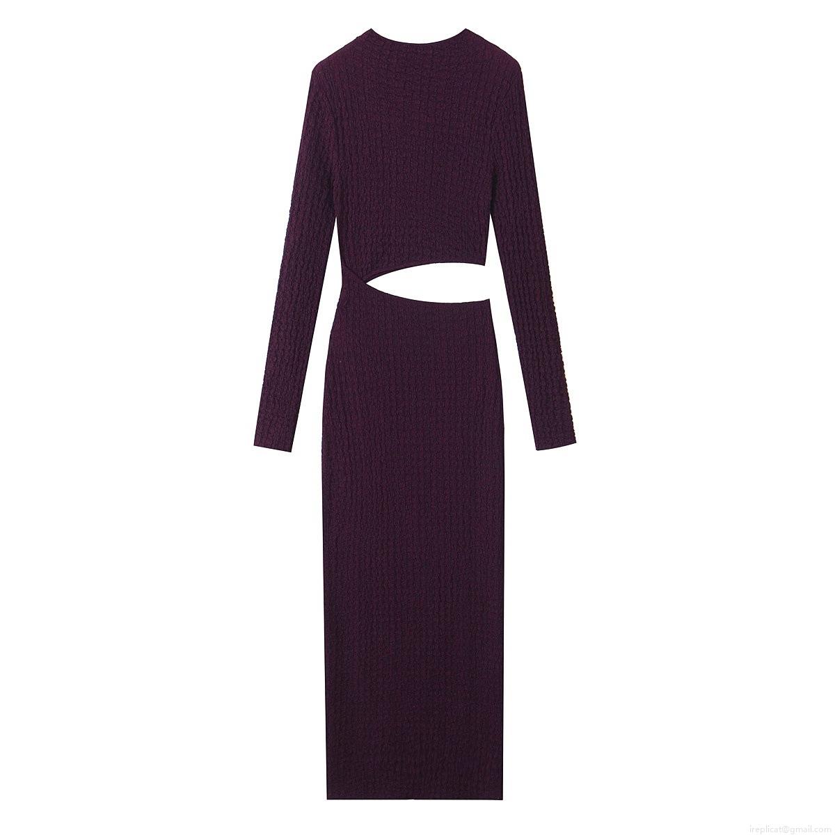 Sexy Hollow Out Bodycon Midi Dress Women Textured Polyester Long Sleeve Round Neck Streetwear Party Clubwear Slim Fit Fall Solid Color Dress
