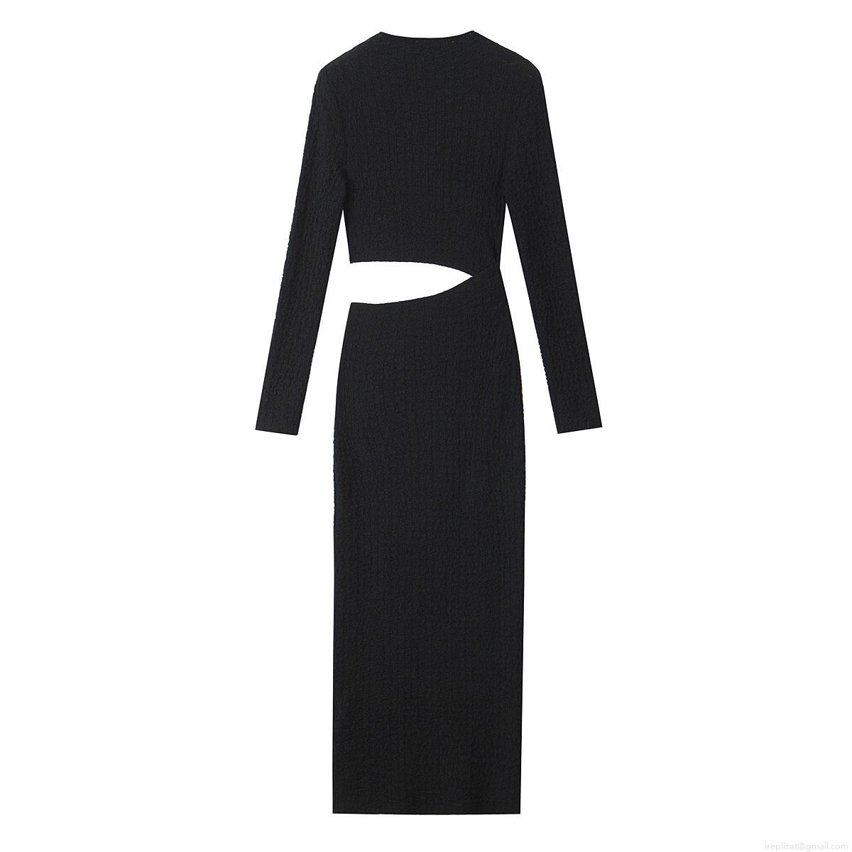 Sexy Hollow Out Bodycon Midi Dress Women Textured Polyester Long Sleeve Round Neck Streetwear Party Clubwear Slim Fit Fall Solid Color Dress